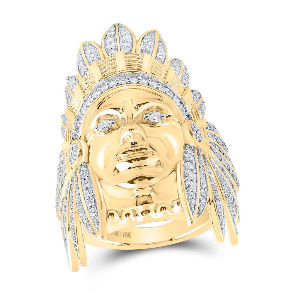 10Kt Yellow Gold 2 3/4 Ctw Dia Nk India Chief Head Mens Ring (28.53 grams)