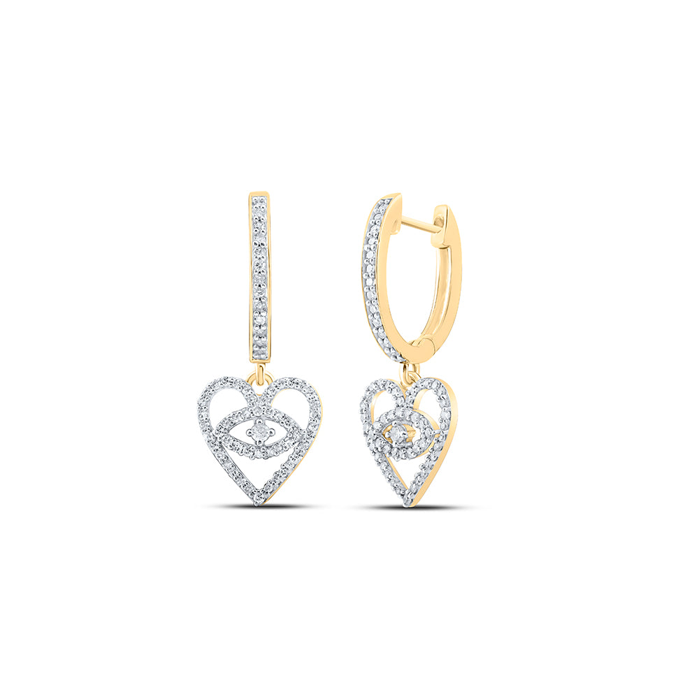 Gold Heart Hoop Dangle Earrings 3/8 Cttw Round Natural Diamond Womens (2.6 grams)