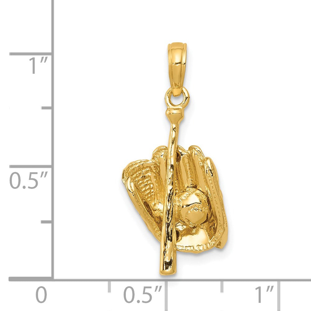 14k Yellow Gold 11 mm Polished 3-D Glove/Bat/Baseball Pendant (2.92 grams)