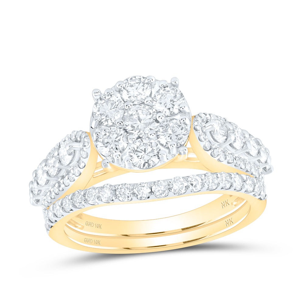 Gold Halo Bridal Wedding Ring Band Set 1-3/4 Cttw Round Natural Diamond Womens (5.21 grams)