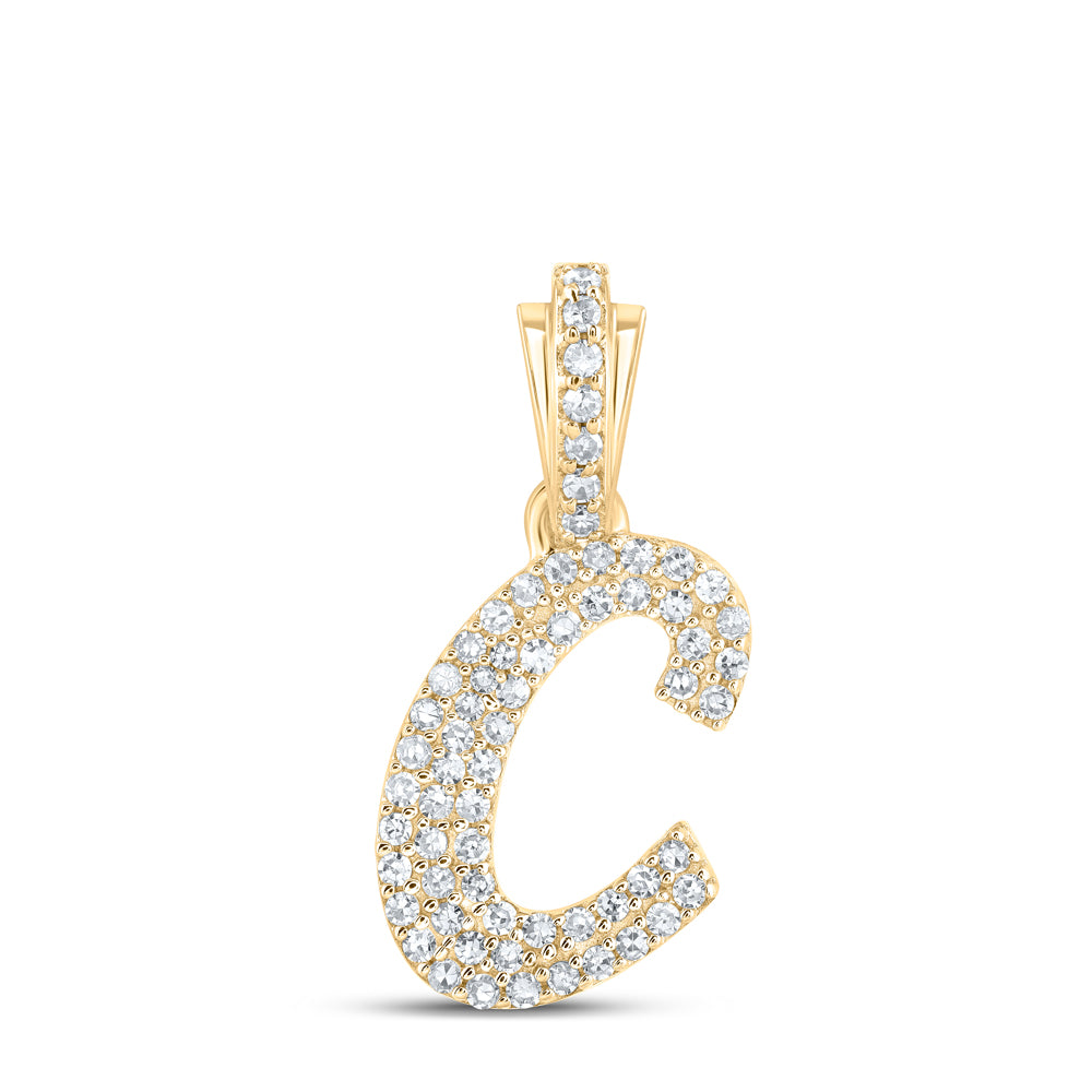 Gold C Cursive Initial Letter Pendant 1/4 Cttw Round Natural Diamond Womens (1.13 grams)