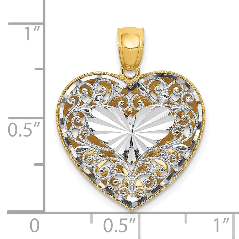 14K Two-tone Polished Reversible Diamond-cut Filigree Heart Pendant (2.03 grams)