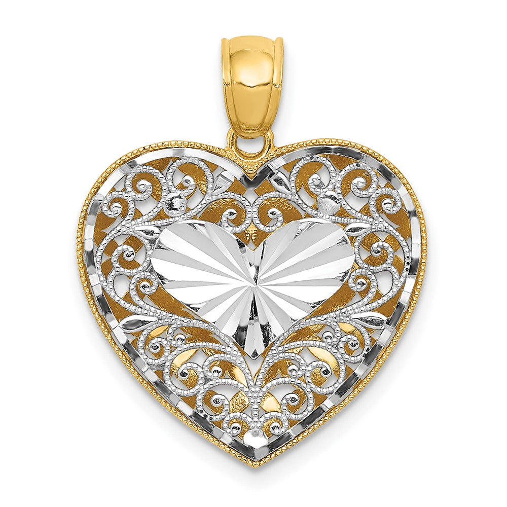 14K Two-tone Polished Reversible Diamond-cut Filigree Heart Pendant (2.03 grams)