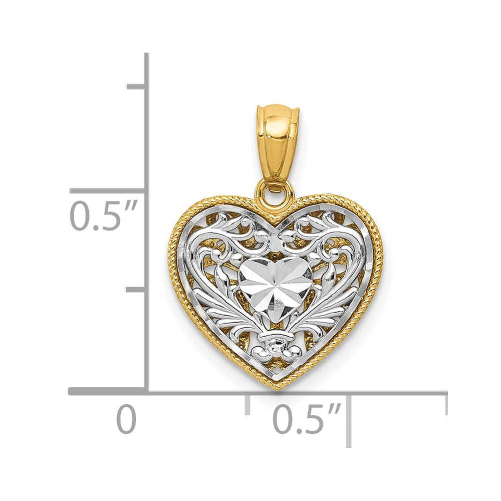 14K Two-tone Polished Diamond-cut Reversible Filigree Heart Pendant (1 grams)