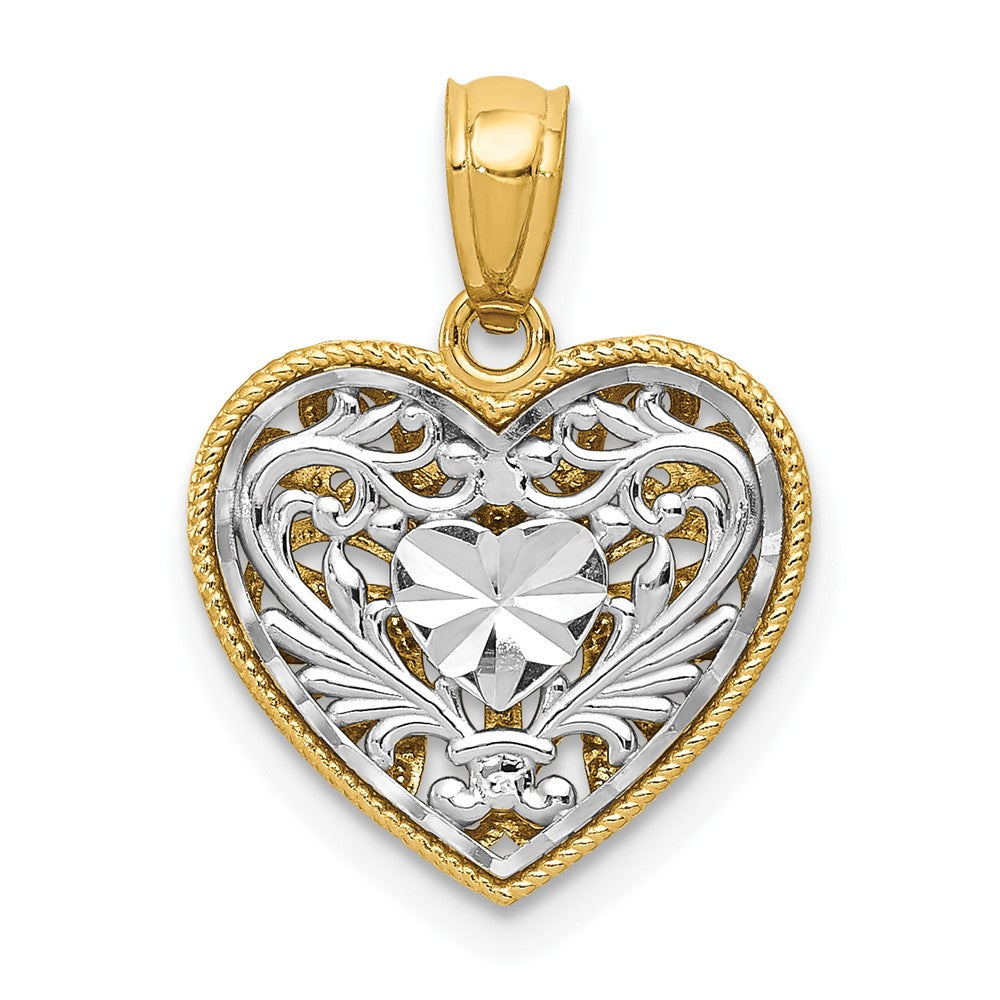 14K Two-tone Polished Diamond-cut Reversible Filigree Heart Pendant (1 grams)