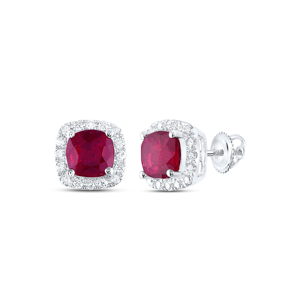 14Kt White Gold 1/6Ctw-Dia Ana M 5 Mm-Ruby Nat Gem Cushion Earring (1.39 grams)