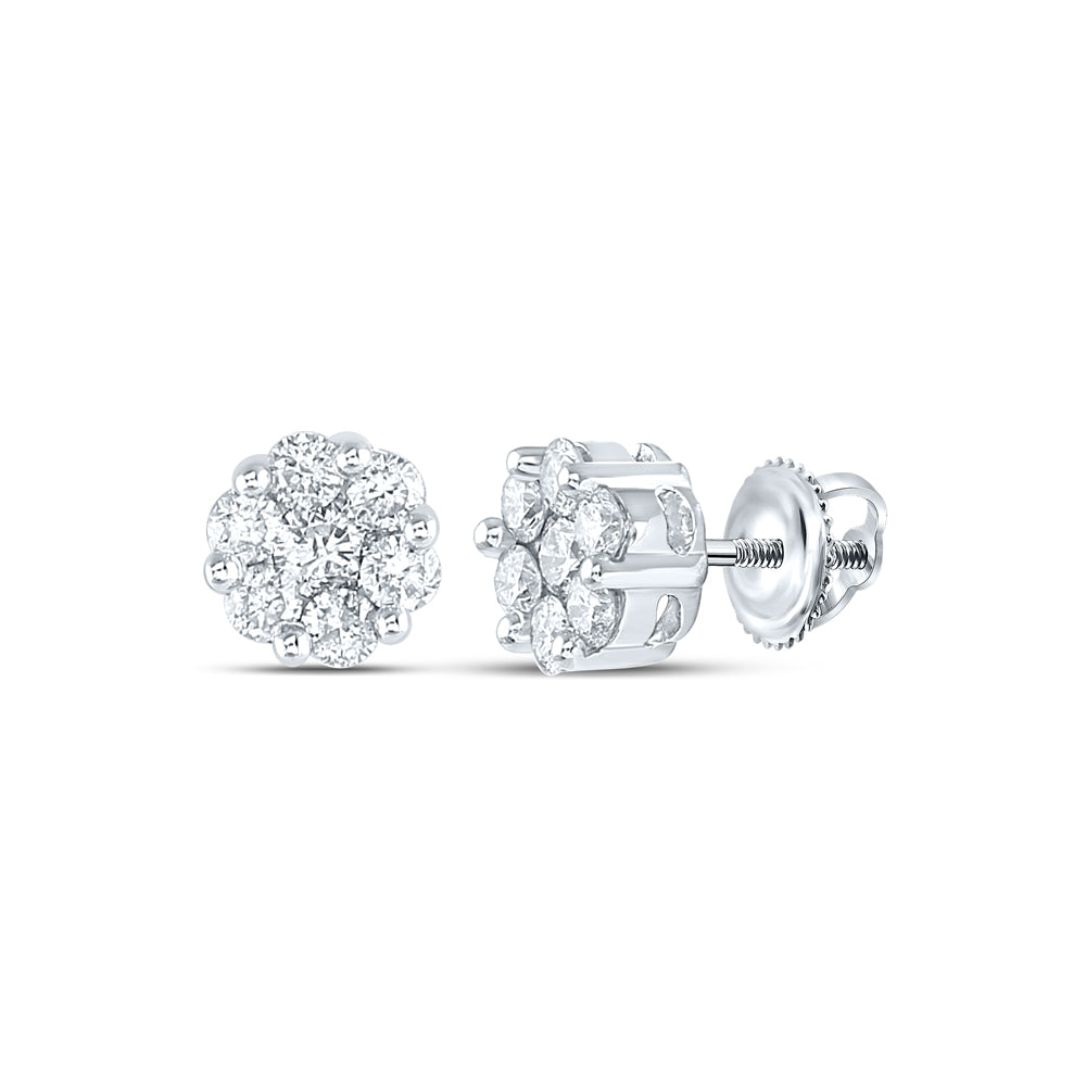 14Kt White Gold 1Ct-Dia Nkp 2*0.14Ct-Crd 12*0.06Cts Flower Earring (1.8 grams)