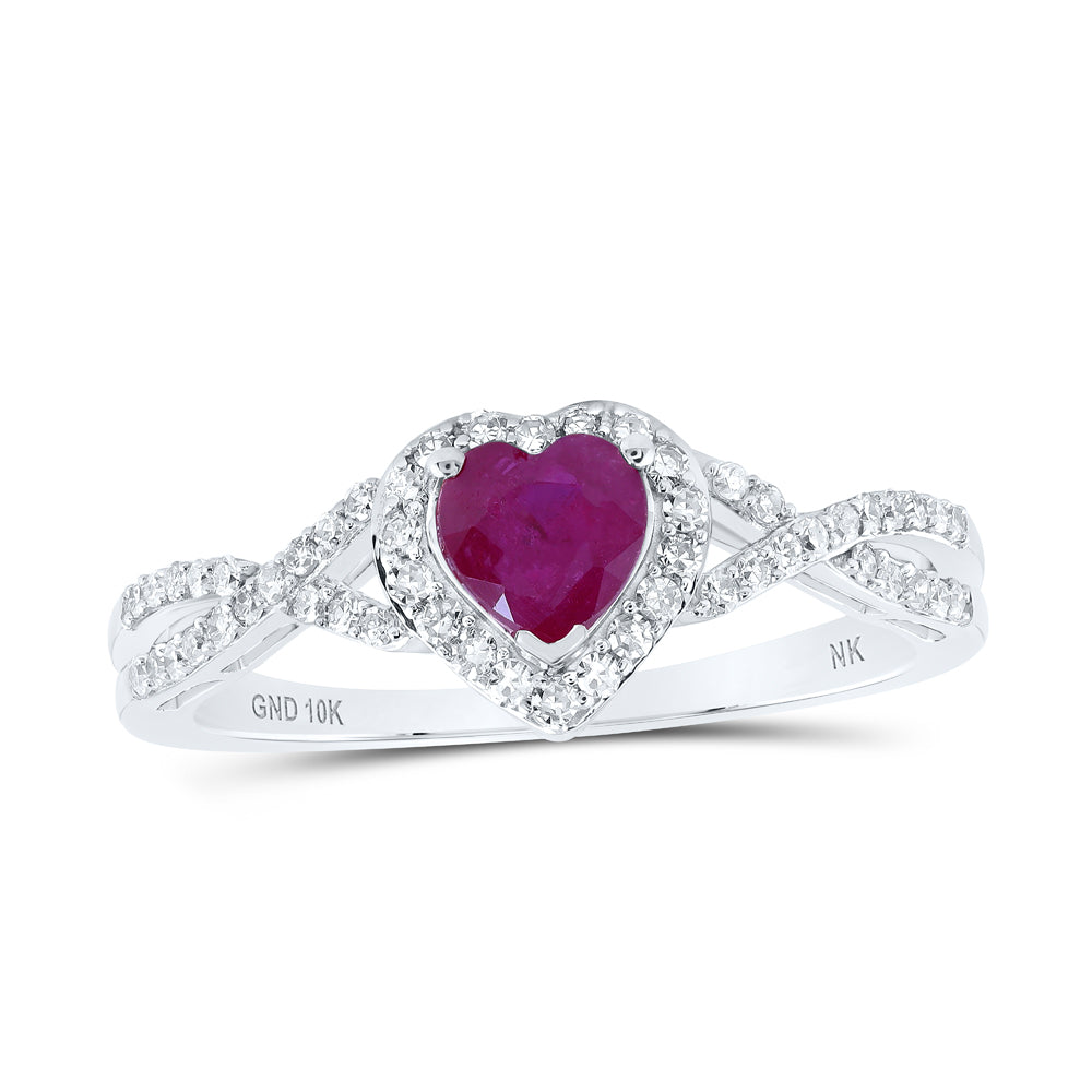 10Kt White Gold 1/4Ctw-Dia Nk 5X5 Mm Ruby-Heart Nat Gem Ring (2.1 grams)