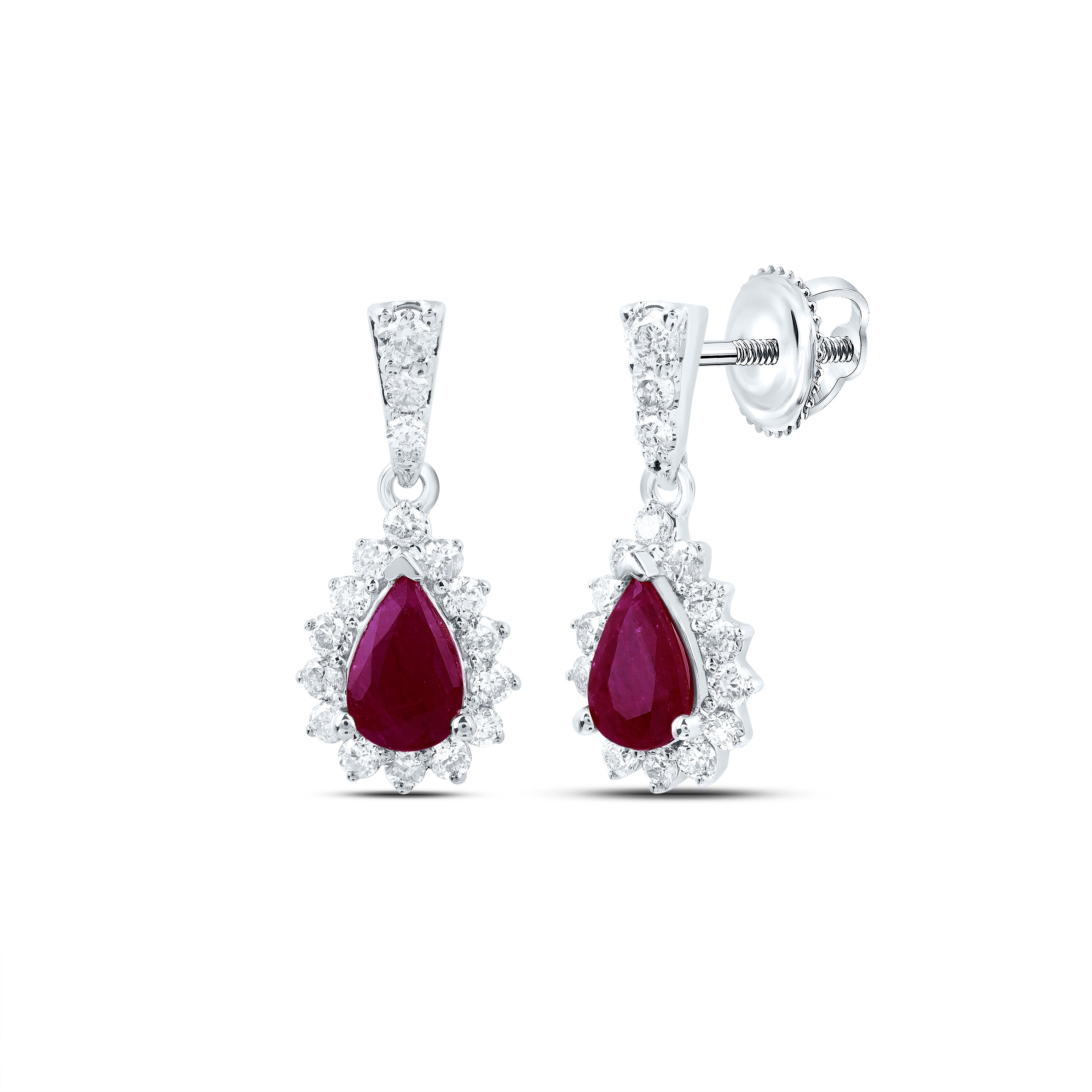 10Kt White Gold 1/2Ctw-Dia Nk 6X4 Mm Ruby-Pear Nat Gem Dangling Earring (1.6 grams)