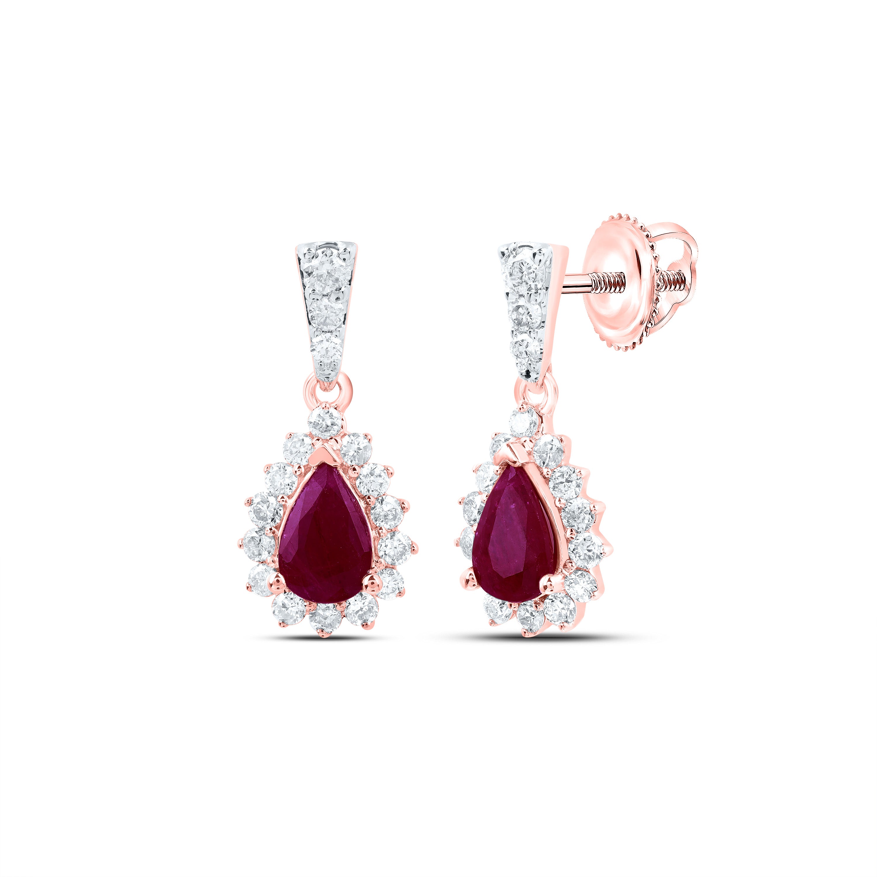 10Kt Rose Gold 1/2Ctw-Dia Nk 6X4 Mm Ruby-Pear Nat Gem Dangling Earring (1.6 grams)