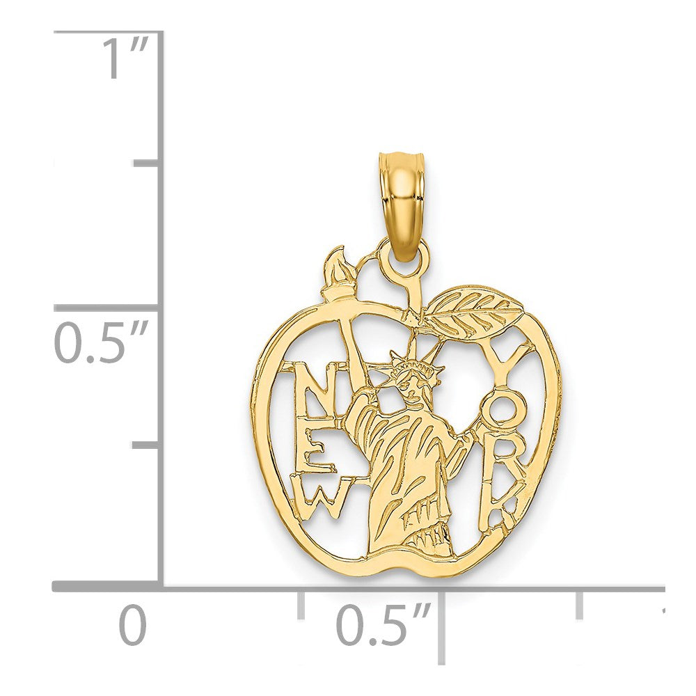 14k Yellow Gold 15 mm Cut-out NEW YORK w/Statue of Liberty in Apple Charm (0.95 grams)