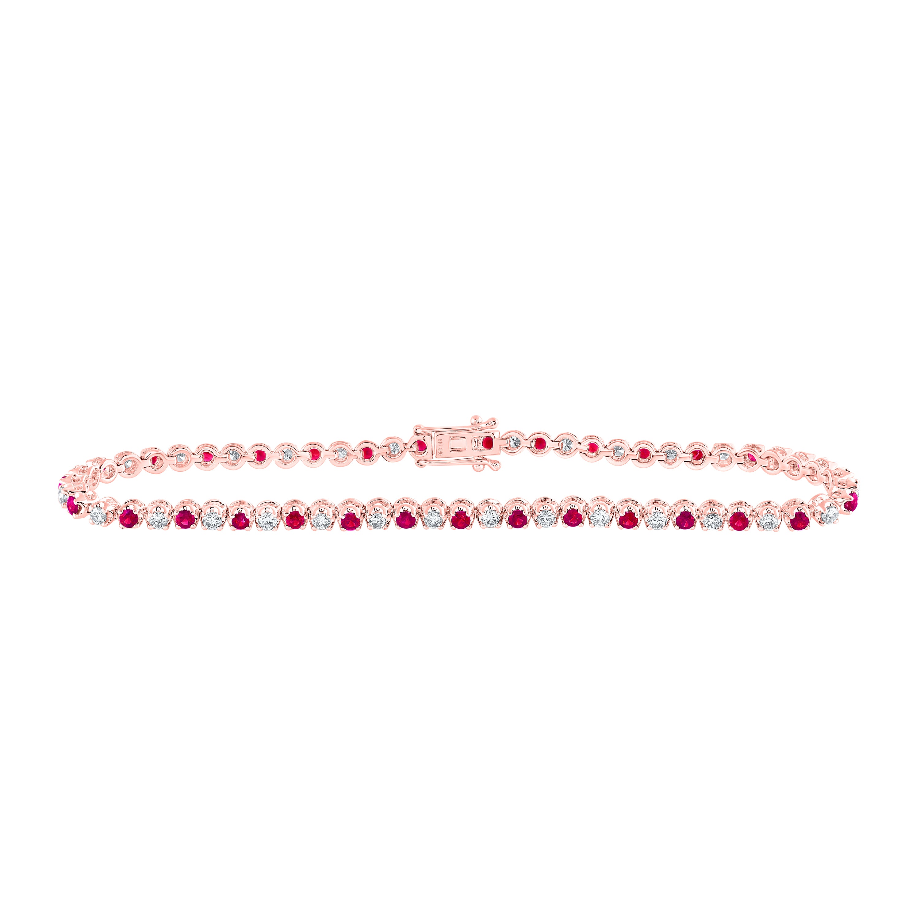 14Kt Rose Gold 1Ctw-Diamond 1 1/2Ct-Ruby Natural Gem Tennis Bracelet (7 Inch) (7.27 grams)