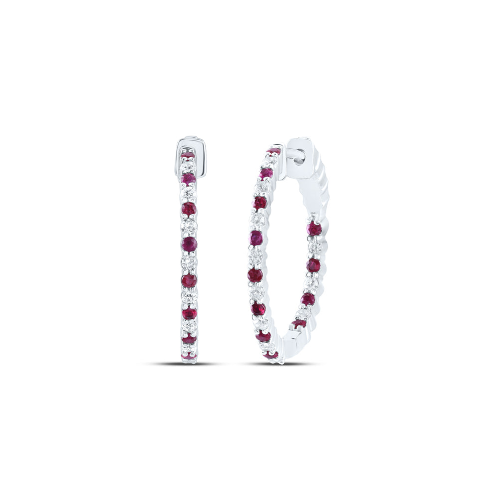 10Kt White Gold 1/2Ctw-Dia Cn 1/2Ct-Ruby Natural Gem Hoop Earring (6.05 grams)