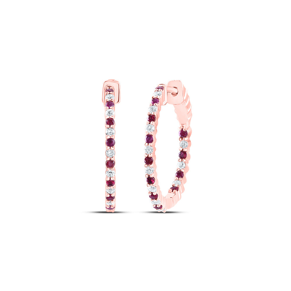 14Kt Rose Gold 1/2Ctw-Dia Cn 1/2Ct-Ruby Natural Gem Hoop Earring (6.91 grams)
