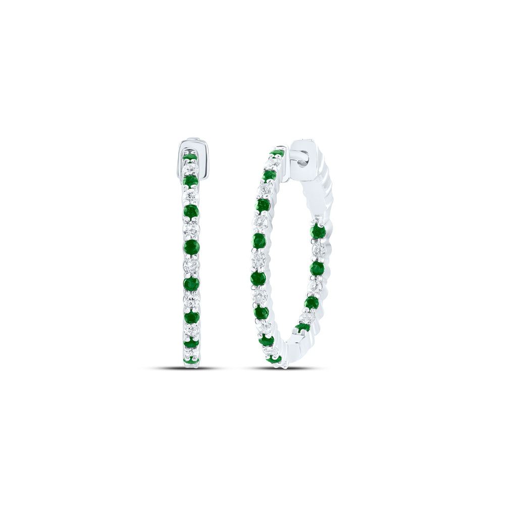 14Kt White Gold 1/2Ctw-Dia Cn 1/2Ct-Eme Natural Gem Hoop Earring (6.91 grams)