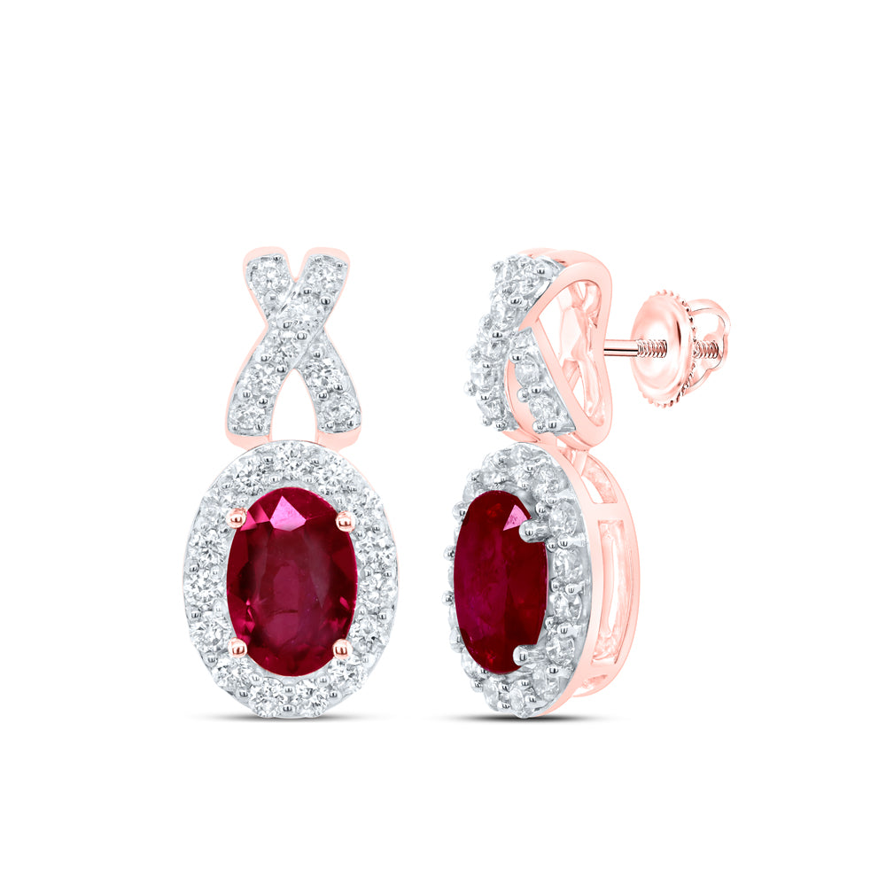 14Kt Rose Gold 3/8Ctw-Dia Ana M 6X4Mm Ov-Ruby Nat Gem Earring (4 grams)