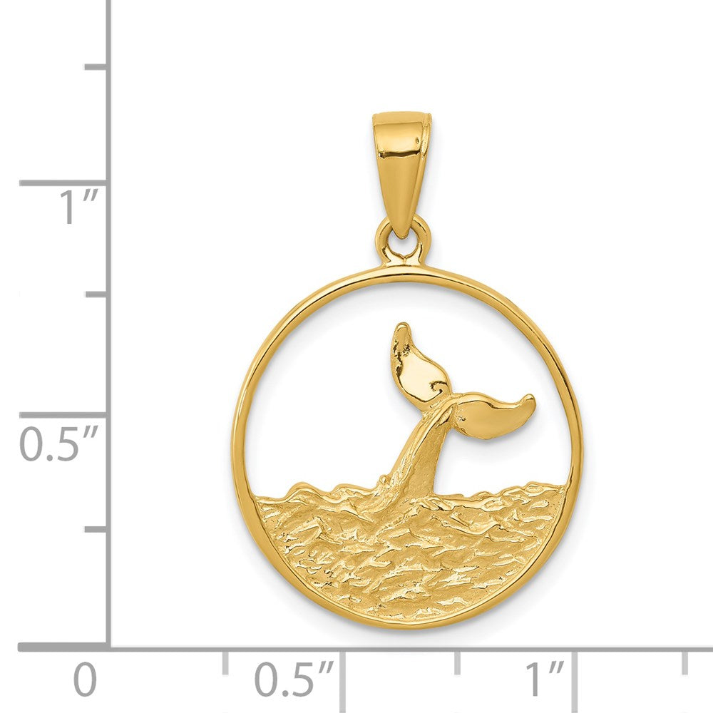 14k Yellow Gold 18 mm Whale Tail in Circle with Waves Pendant (2.24 grams)