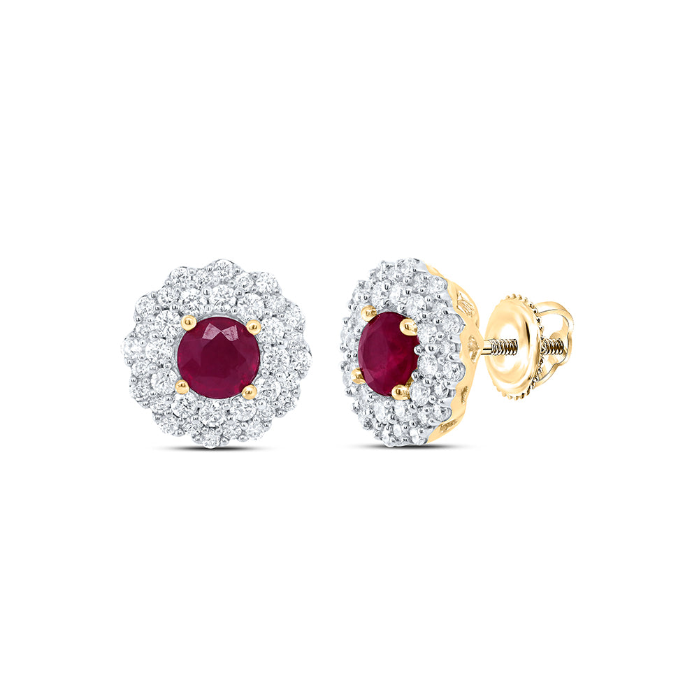 14Kt Gold 1/2Ctw-Dia Ana M 4.00 Mm Rd-Ruby Nat Gem Round Earring