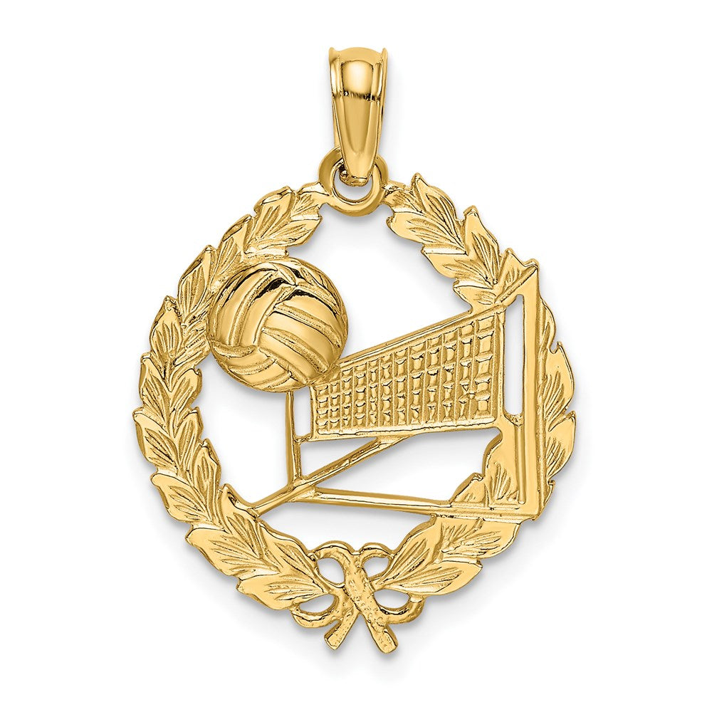 14k Yellow Gold 16.7 mm Volleyball Story in Leaf Circle Charm (1.29 grams)