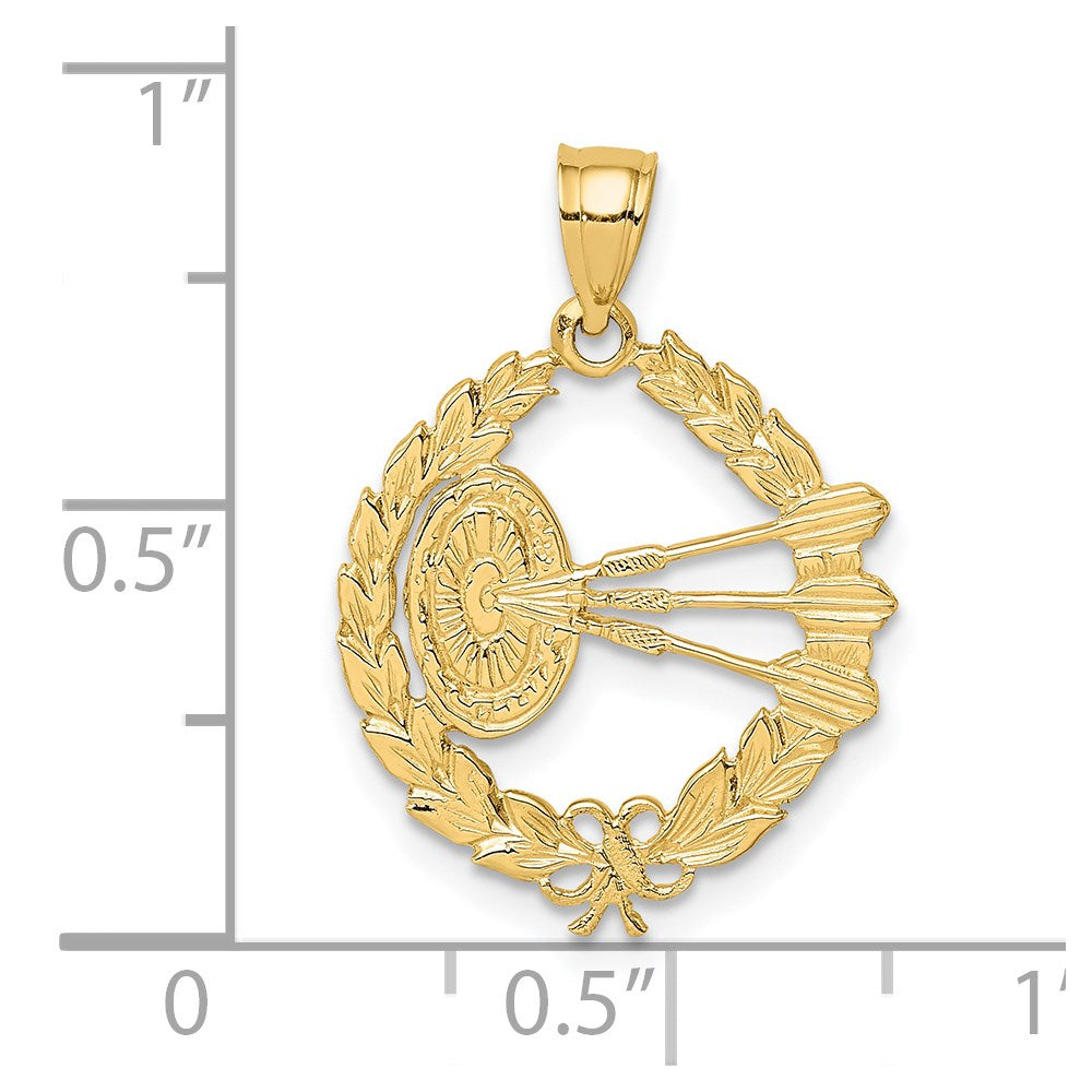 14k Yellow Gold 17.25 mm Dart Board and Darts in Leaf Design Charm (1.02 grams)
