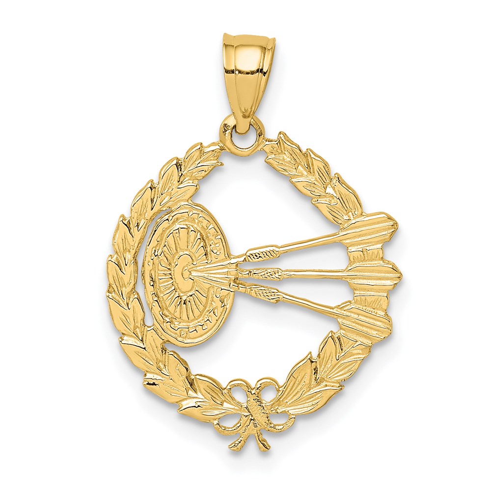 14k Yellow Gold 17.25 mm Dart Board and Darts in Leaf Design Charm (1.02 grams)
