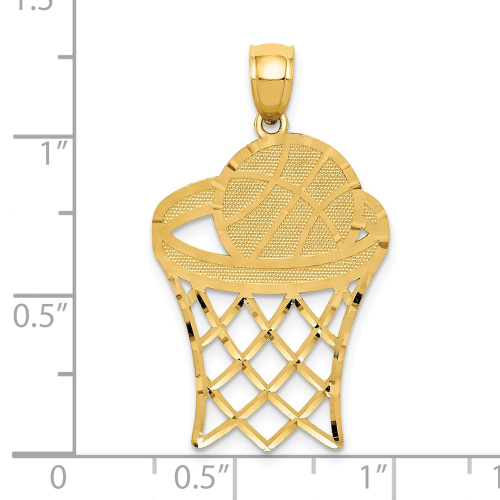 14k Yellow Gold 19 mm Basketball in Hoop Diamond Cut Pendant (1.46 grams)