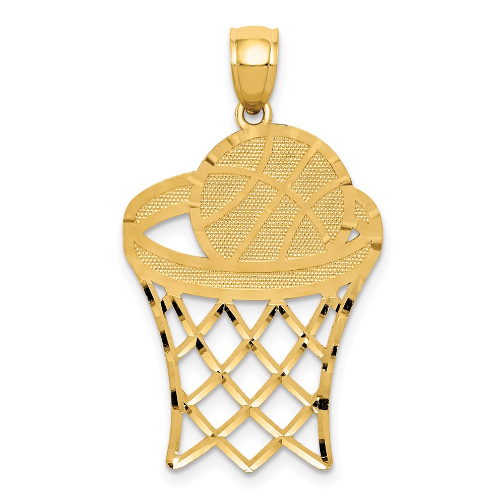 14k Yellow Gold 19 mm Basketball in Hoop Diamond Cut Pendant (1.46 grams)