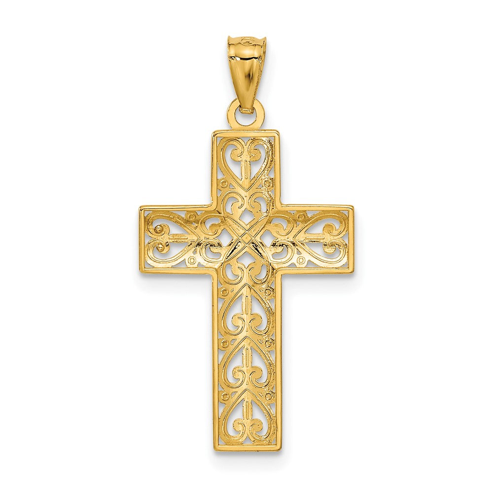 14k Yellow Gold 17 mm Diamond-cut Filigree Cross Pendant (1.06 grams)