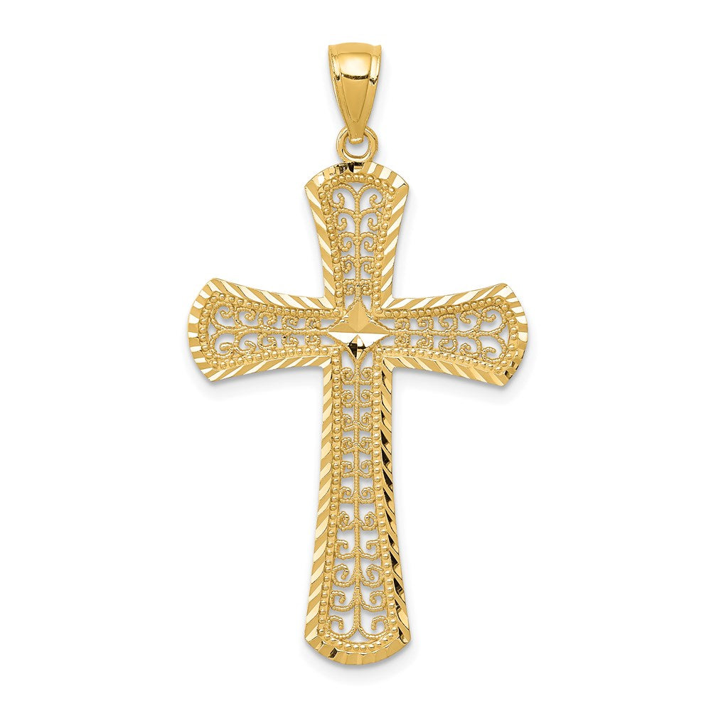 14k Yellow Gold 23 mm Diamond-cut Filigree Cross Pendant (1.47 grams)
