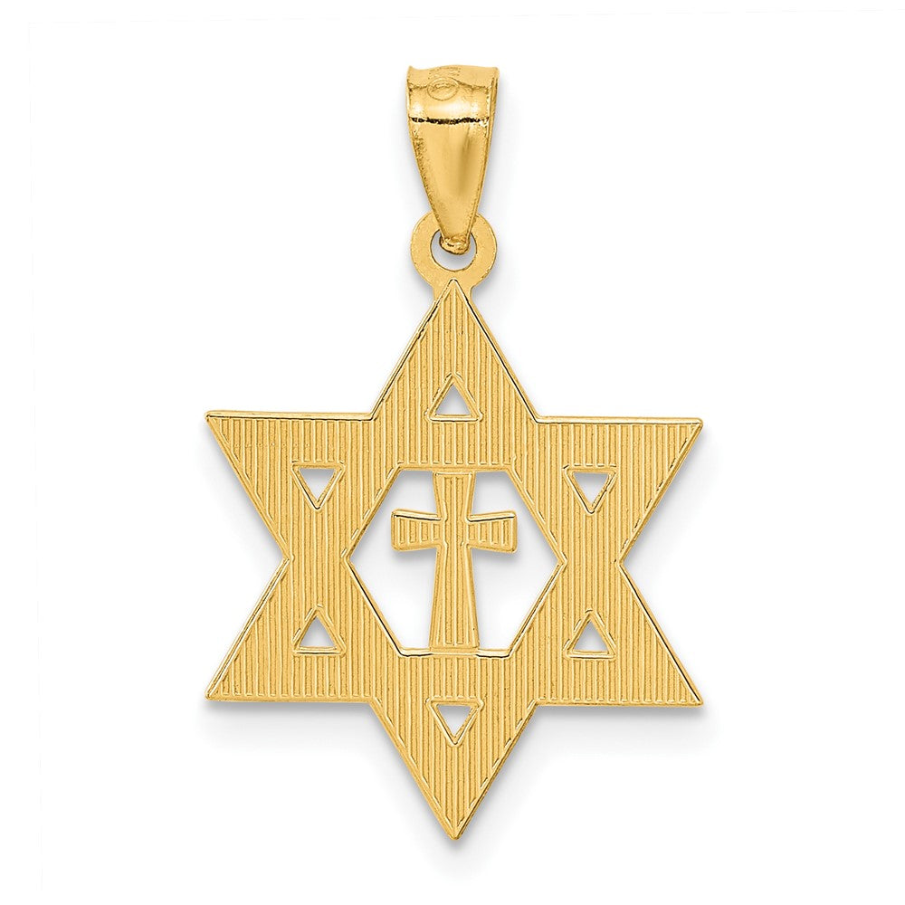 14k Yellow Gold 16 mm Diamond-cut Star of David w/Cross Pendant (0.84 grams)