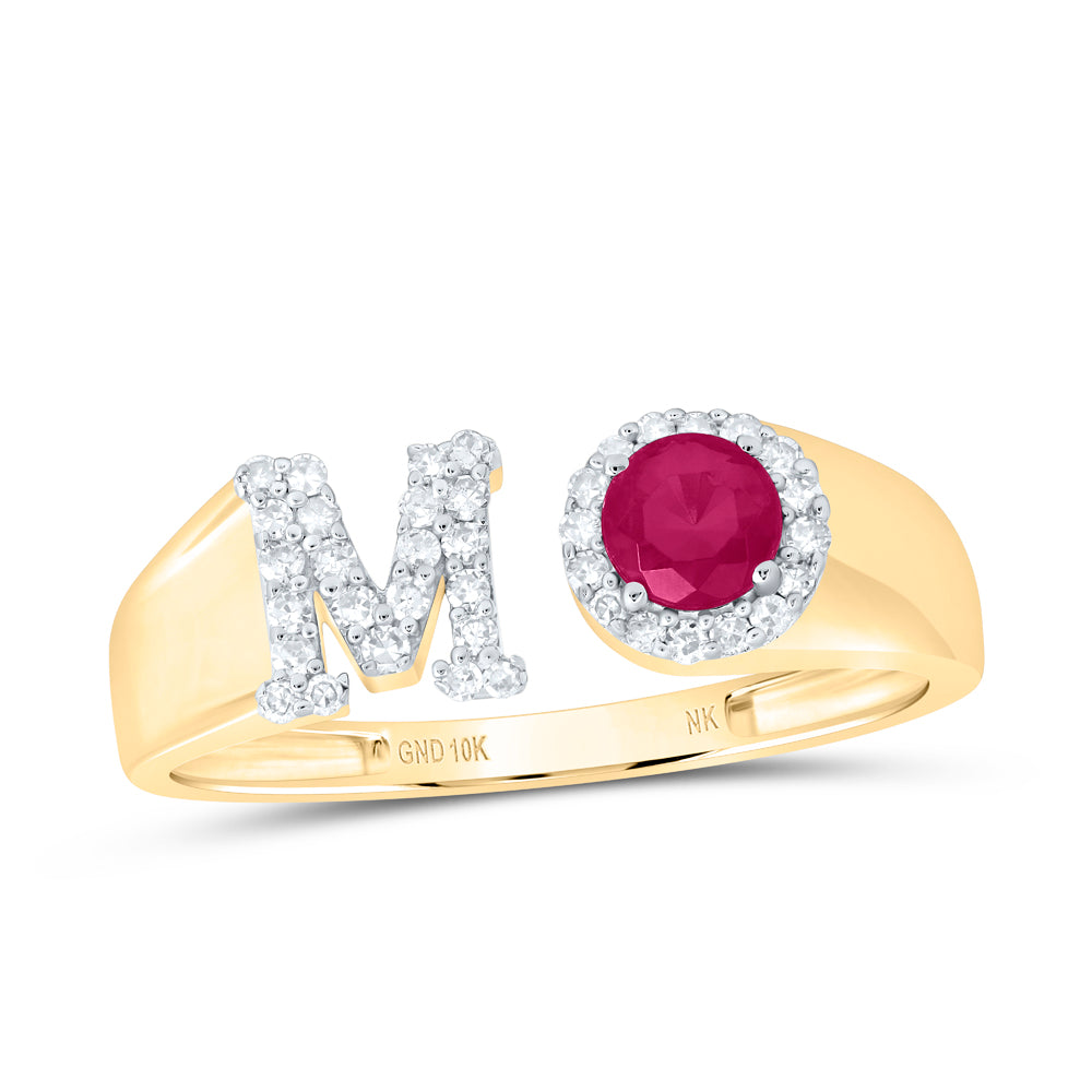 1/6Ctw-Nat Dia Nk 4 Mm Rd-Ru Synthetic Initial "M" Ladies Ring (1.66 grams)