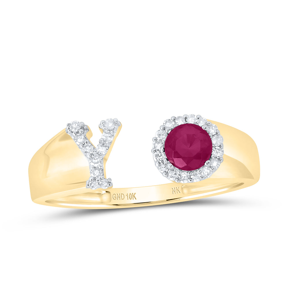 1/10Ctw-Nat Dia Nk 4 Mm Rd-Ru Synthetic Initial "Y" Ladies Ring (1.5 grams)
