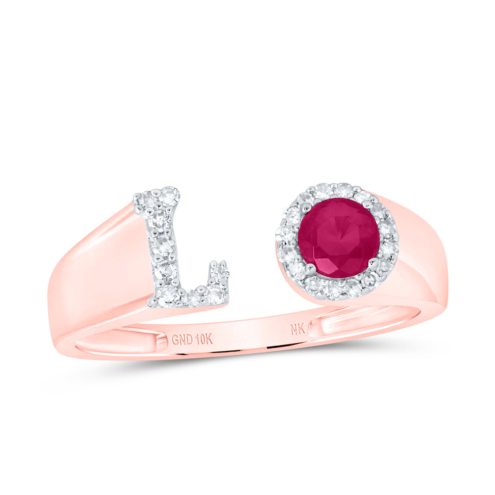 1/10Ctw-Nat Dia Nk 4 Mm Rd-Ru Synthetic Initial "L" Ladies Ring (1.54 grams)