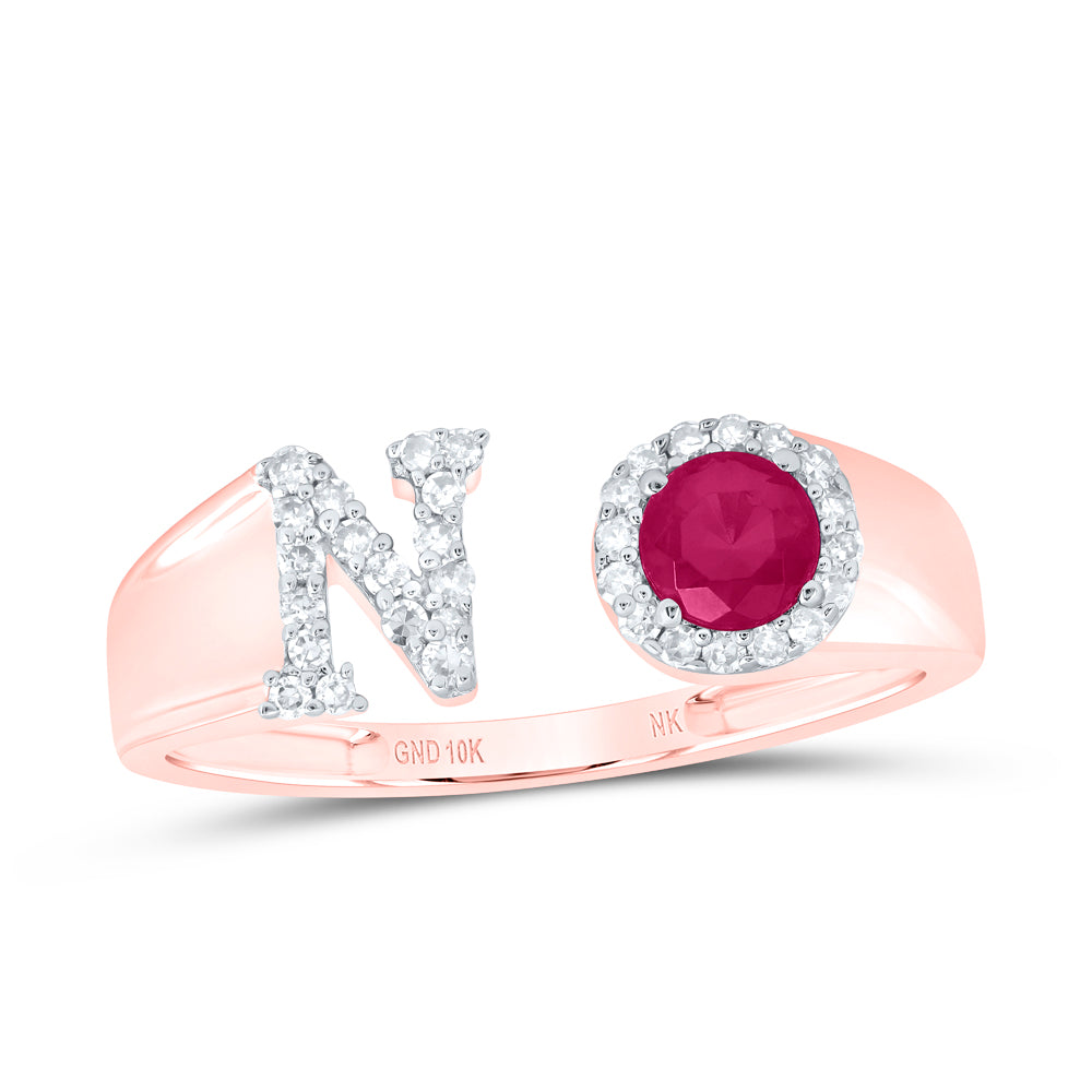 1/8Ctw-Nat Dia Nk 4 Mm Rd-Ru Synthetic Initial "N" Ladies Ring (1.66 grams)