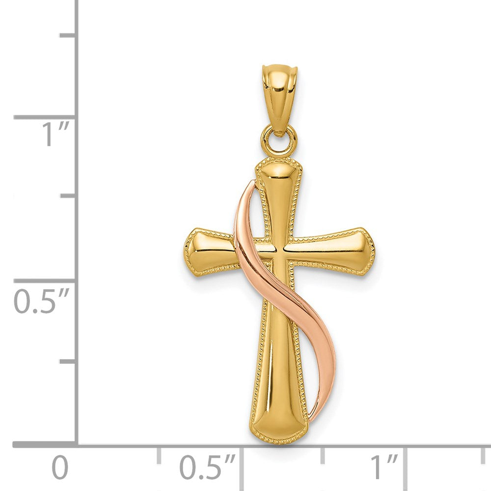14k Two-tone 15 mm Two-Tone Polished Cross w/Drape Pendant (1.03 grams)