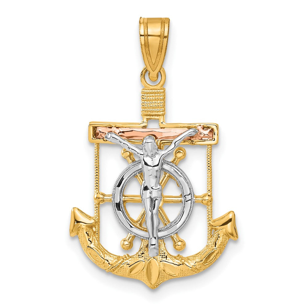14k Tri-Color 18 mm Tri-color Diamond-cut w/Textured Mariner's Cross Pendant (1.83 grams)