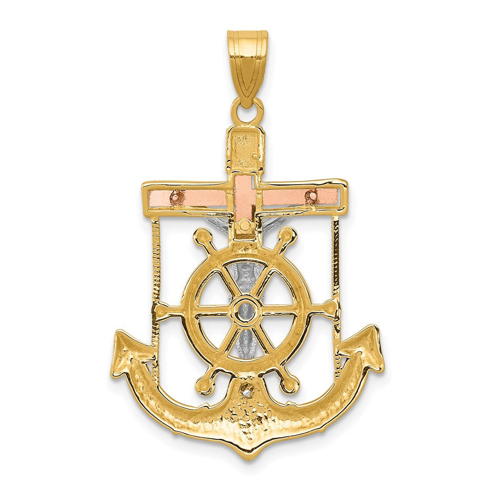 14k Tri-Color 22 mm Tri-color Diamond-cut w/Textured Mariner's Cross Pendant (2.51 grams)