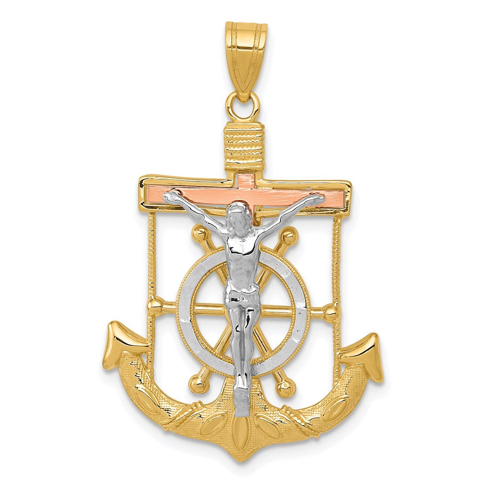 14k Tri-Color 22 mm Tri-color Diamond-cut w/Textured Mariner's Cross Pendant (2.51 grams)