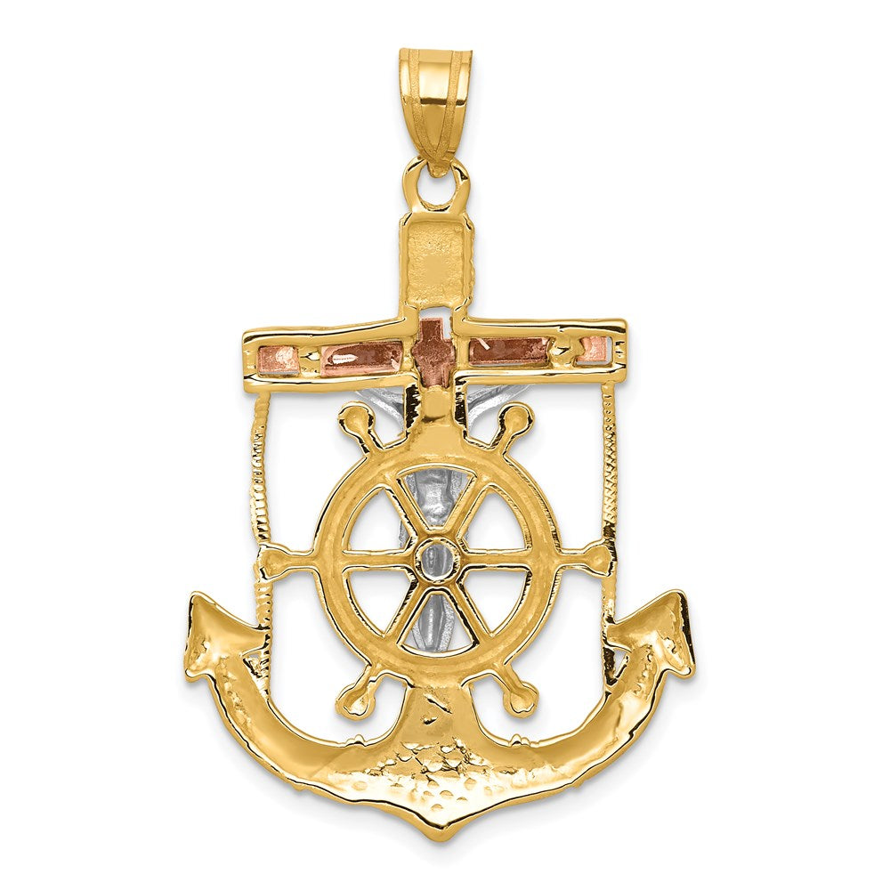 14k Tri-Color 28 mm Tri-color Diamond-cut w/Textured Mariner's Cross Pendant (3.98 grams)