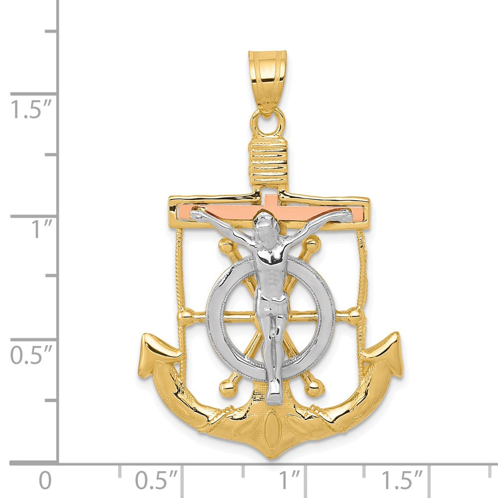 14k Tri-Color 28 mm Tri-color Diamond-cut w/Textured Mariner's Cross Pendant (3.98 grams)