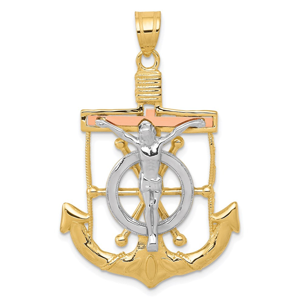 14k Tri-Color 28 mm Tri-color Diamond-cut w/Textured Mariner's Cross Pendant (3.98 grams)