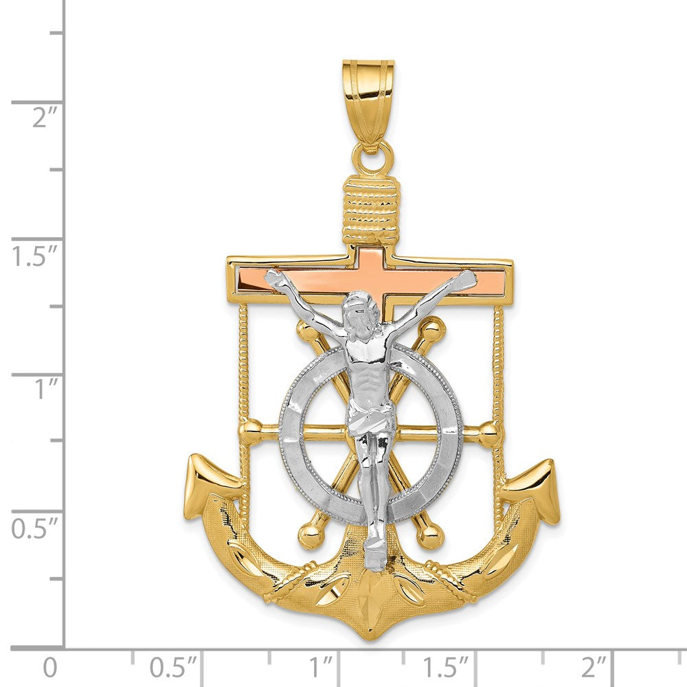 14k Tri-Color 36 mm Tri-color Diamond-cut w/Textured Mariner's Cross Pendant (6.88 grams)