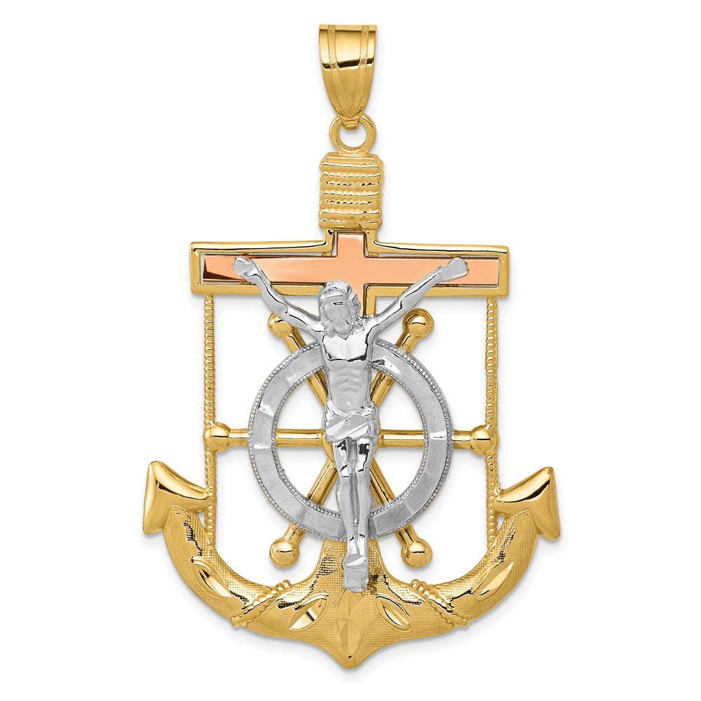 14k Tri-Color 36 mm Tri-color Diamond-cut w/Textured Mariner's Cross Pendant (6.88 grams)