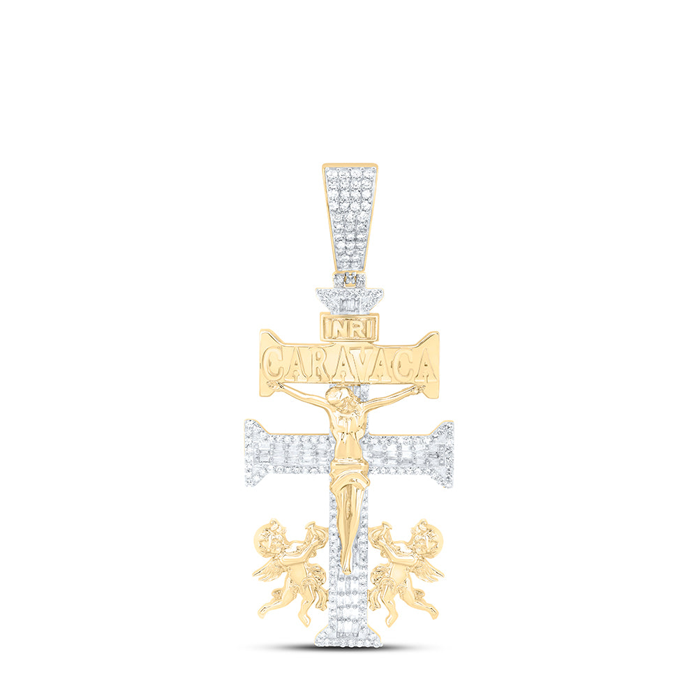 10Kt Gold 1 1/4Ctw-Dia Nk La Cruz De Caravaca Plata Cross Mens Charm