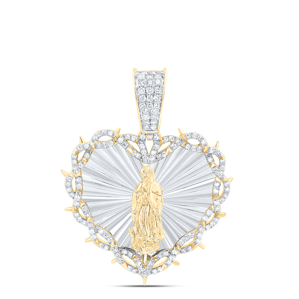 10Kt Gold 7/8Ctw Dia Nk Guadalupe Virgin Mary Heart Mens Charm