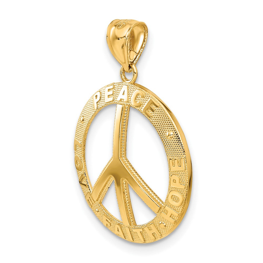 14k Yellow Gold 20 mm PEACE LOVE FAITH HOPE Peace Sign Pendant (2.07 grams)