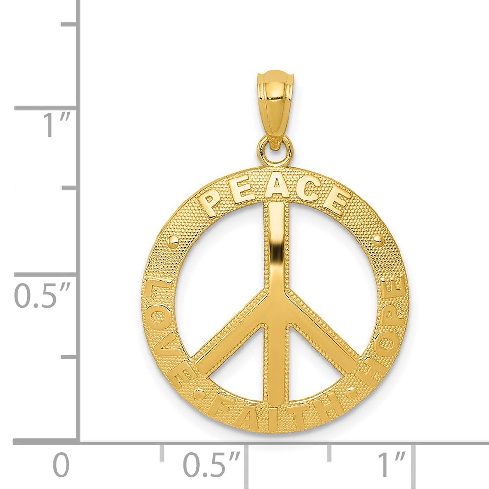 14k Yellow Gold 20 mm PEACE LOVE FAITH HOPE Peace Sign Pendant (2.07 grams)