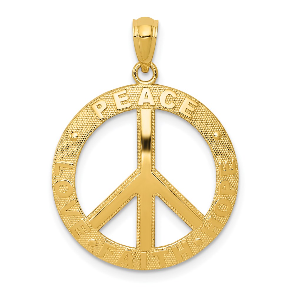 14k Yellow Gold 20 mm PEACE LOVE FAITH HOPE Peace Sign Pendant (2.07 grams)