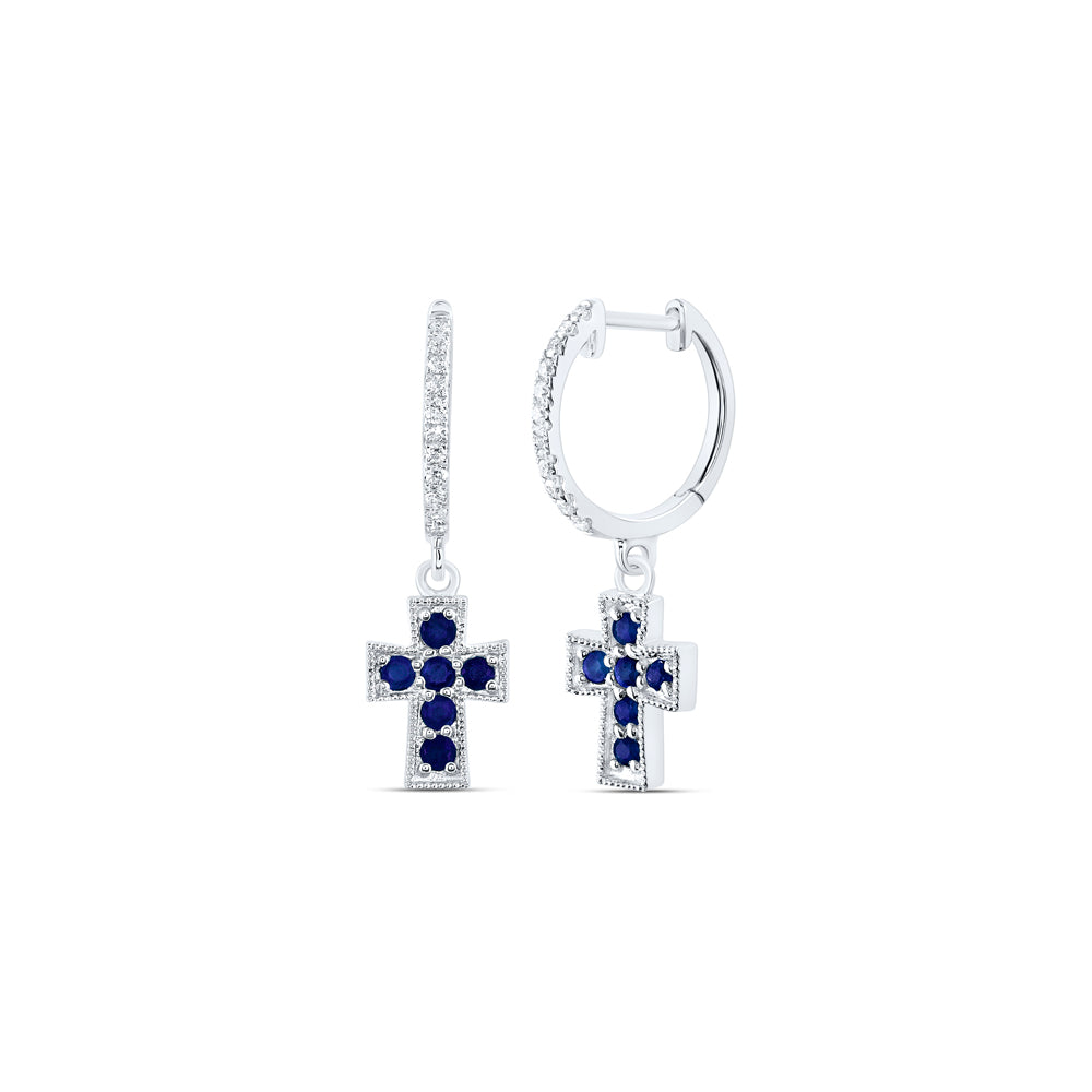 14Kt Gold 1/10Ctw-Diamond Ana M 1/3Ct Rd-Bs Nat Gem Dangling Cross Earring