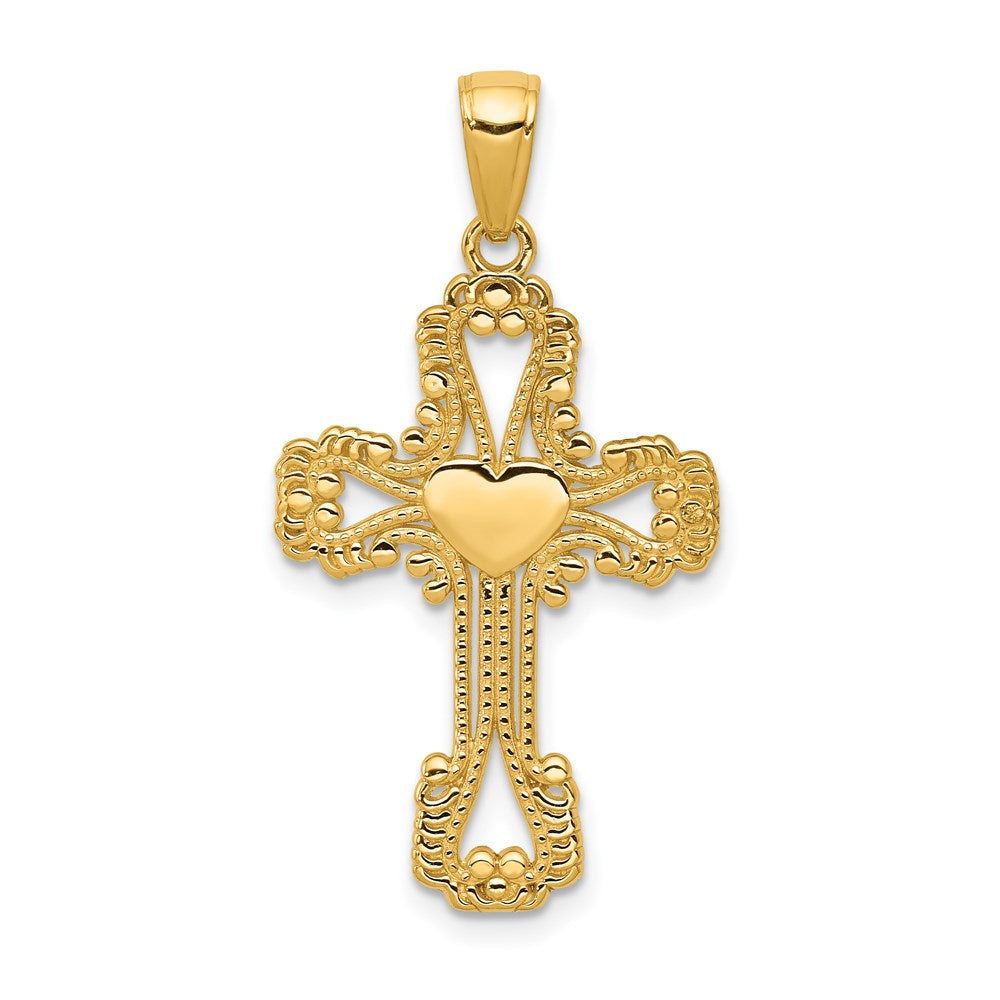 14k Yellow Gold 18 mm Beaded Cross with Heart Pendant (1.59 grams)